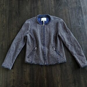 Rebecca Taylor Jacket Womens 10 Navy Pink Tweed Boucle Zip Front Fringe Pockets